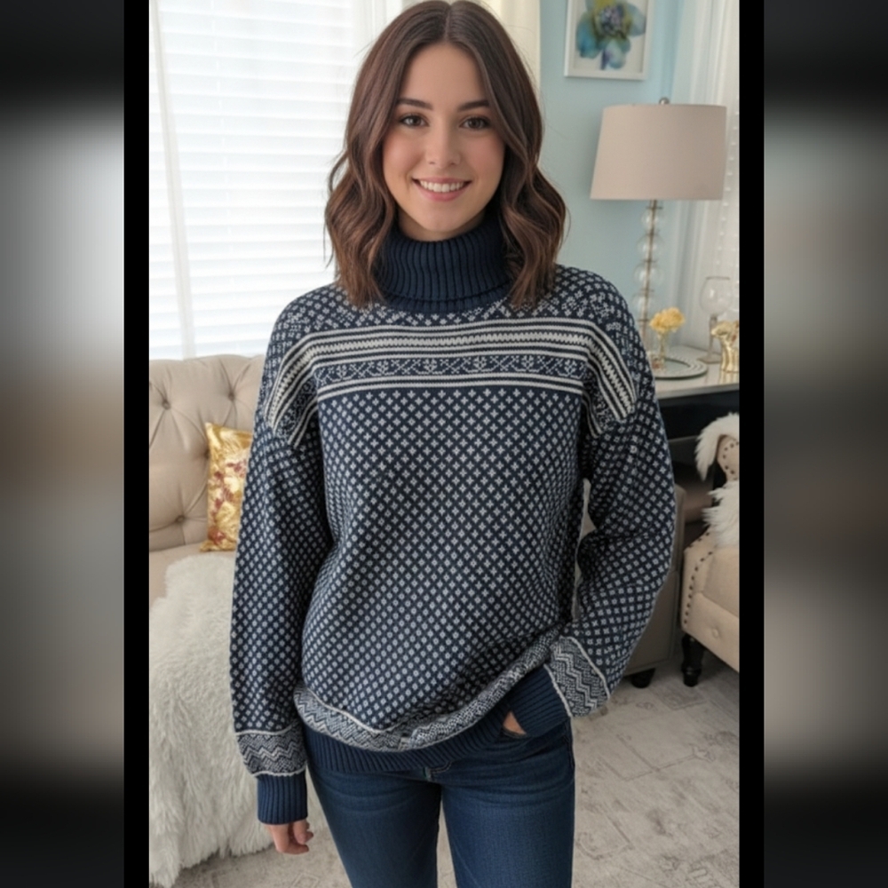 Vintage Lizwear Blue White Winter Knit Turtle Neck Sweater Woman's Size S